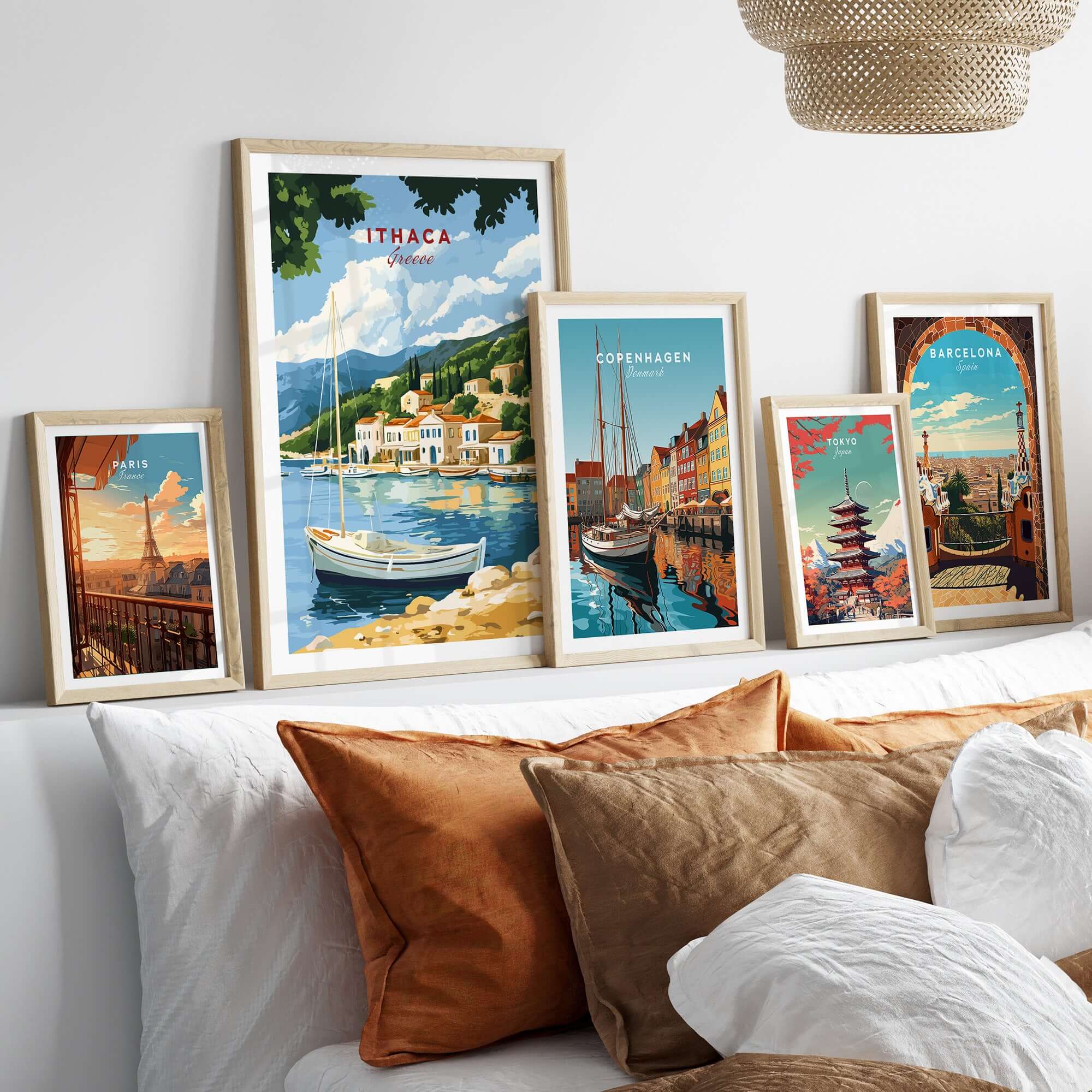 Ithaca Greece Poster Print | Coastal Village Wall Art with Sailboat displayed on a cozy bed with decorative pillows.