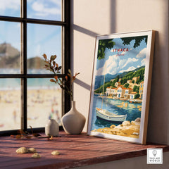 Ithaca Greece Poster Print | Coastal Village Wall Art with Sailboat displayed on a sunny windowsill.