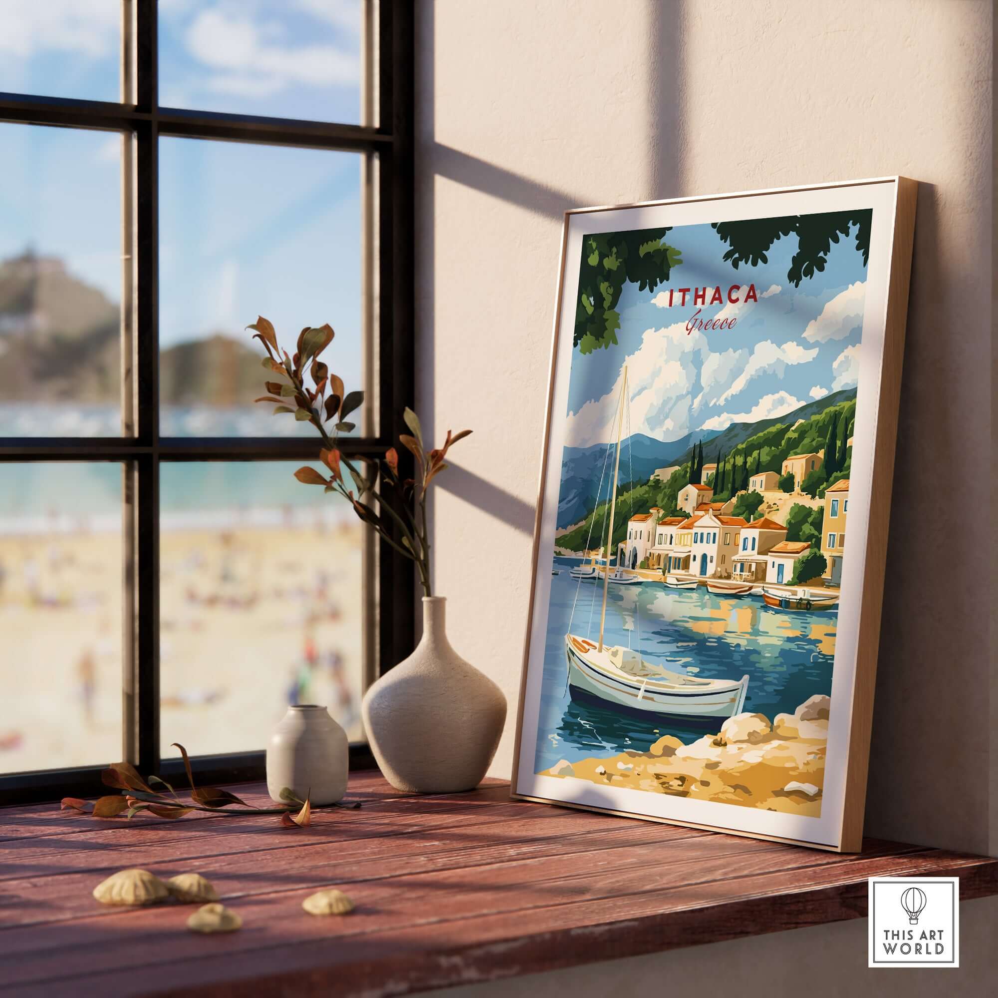 Ithaca Greece Poster Print | Coastal Village Wall Art with Sailboat displayed on a sunny windowsill.