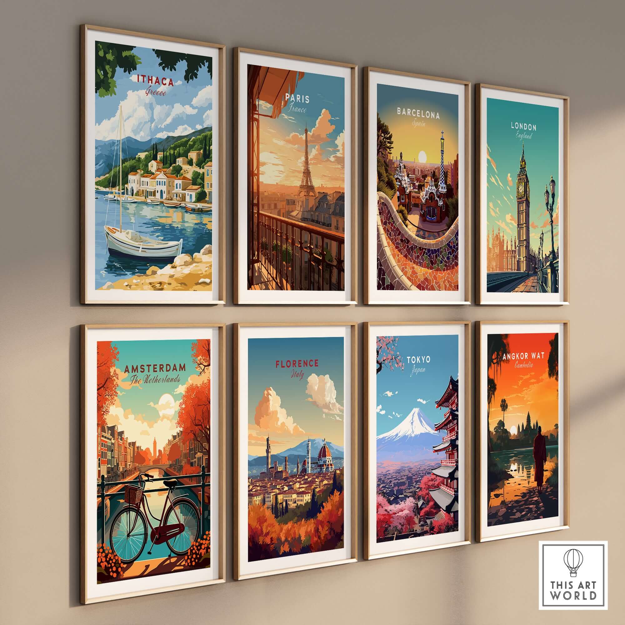 Ithaca Greece Poster Print | Coastal Village Wall Art with Sailboat displayed among travel posters in a modern setting.