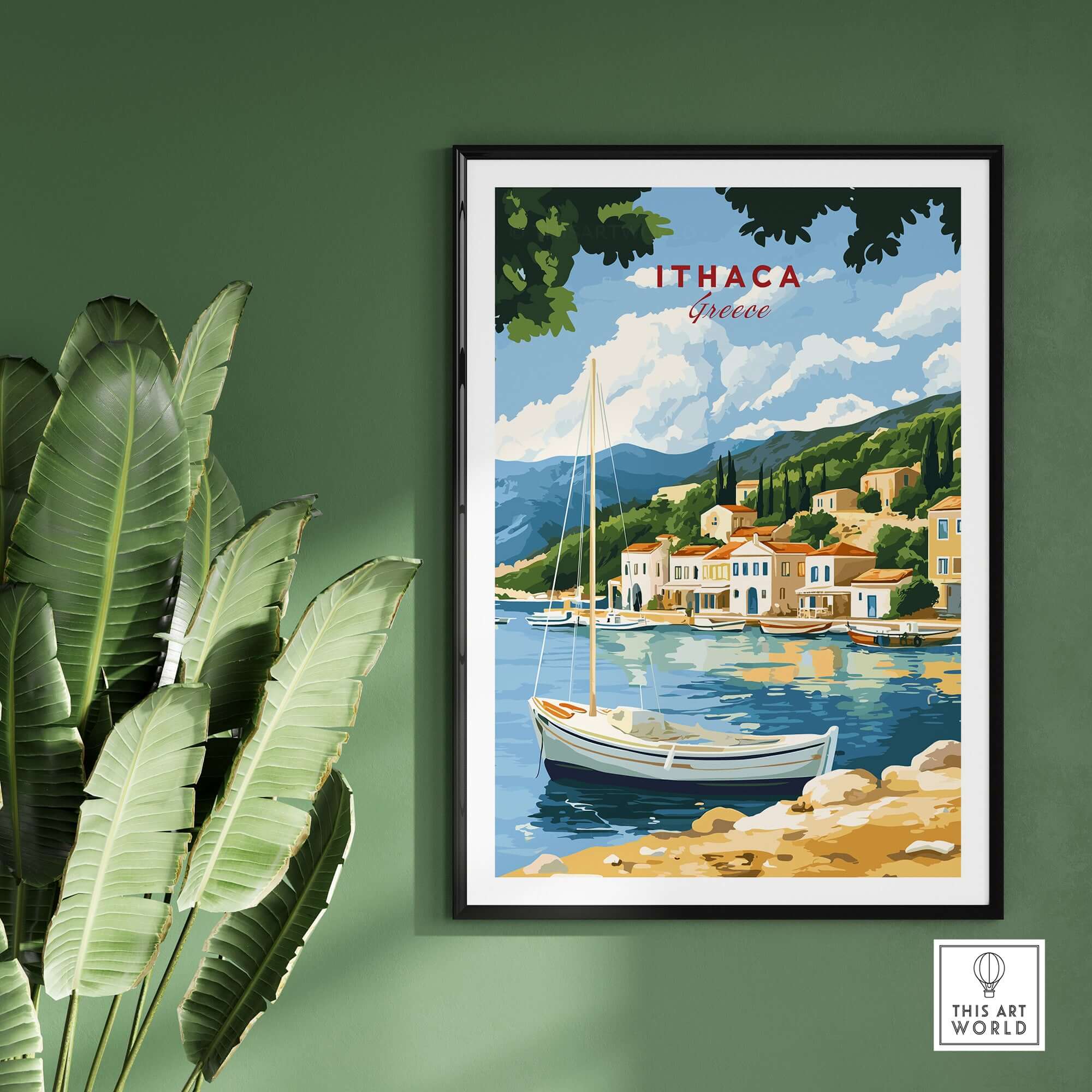 Ithaca Greece Poster Print | Coastal Village Wall Art with Sailboat, showcasing serene coastal scenery