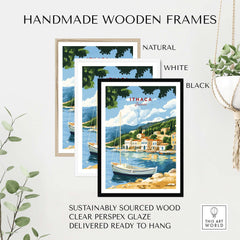 Ithaca Greece Poster Print | Coastal Village Wall Art with Sailboat framed in natural, white, and black handmade wooden frames.
