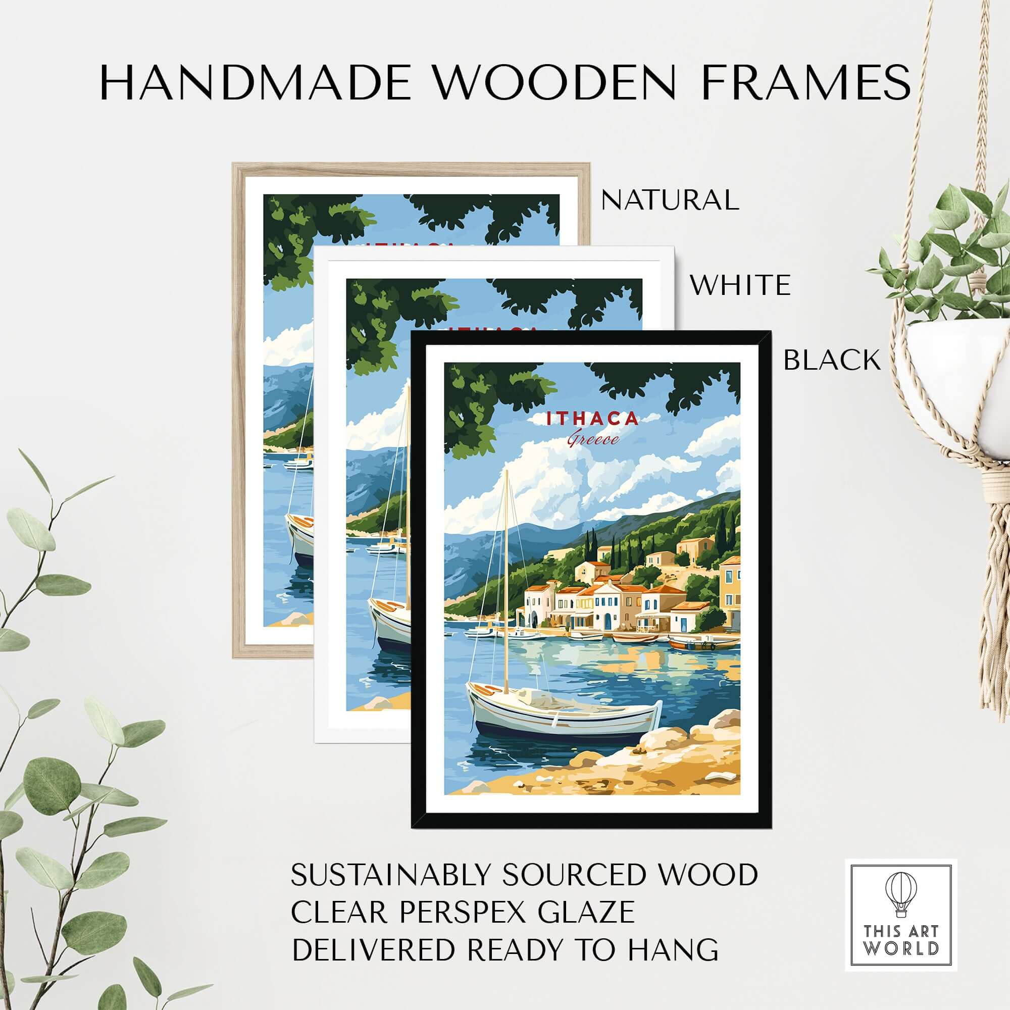 Ithaca Greece Poster Print | Coastal Village Wall Art with Sailboat framed in natural, white, and black handmade wooden frames.
