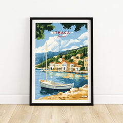 Ithaca Greece Poster Print | Coastal Village Wall Art with Sailboat featuring a serene coastal scene.