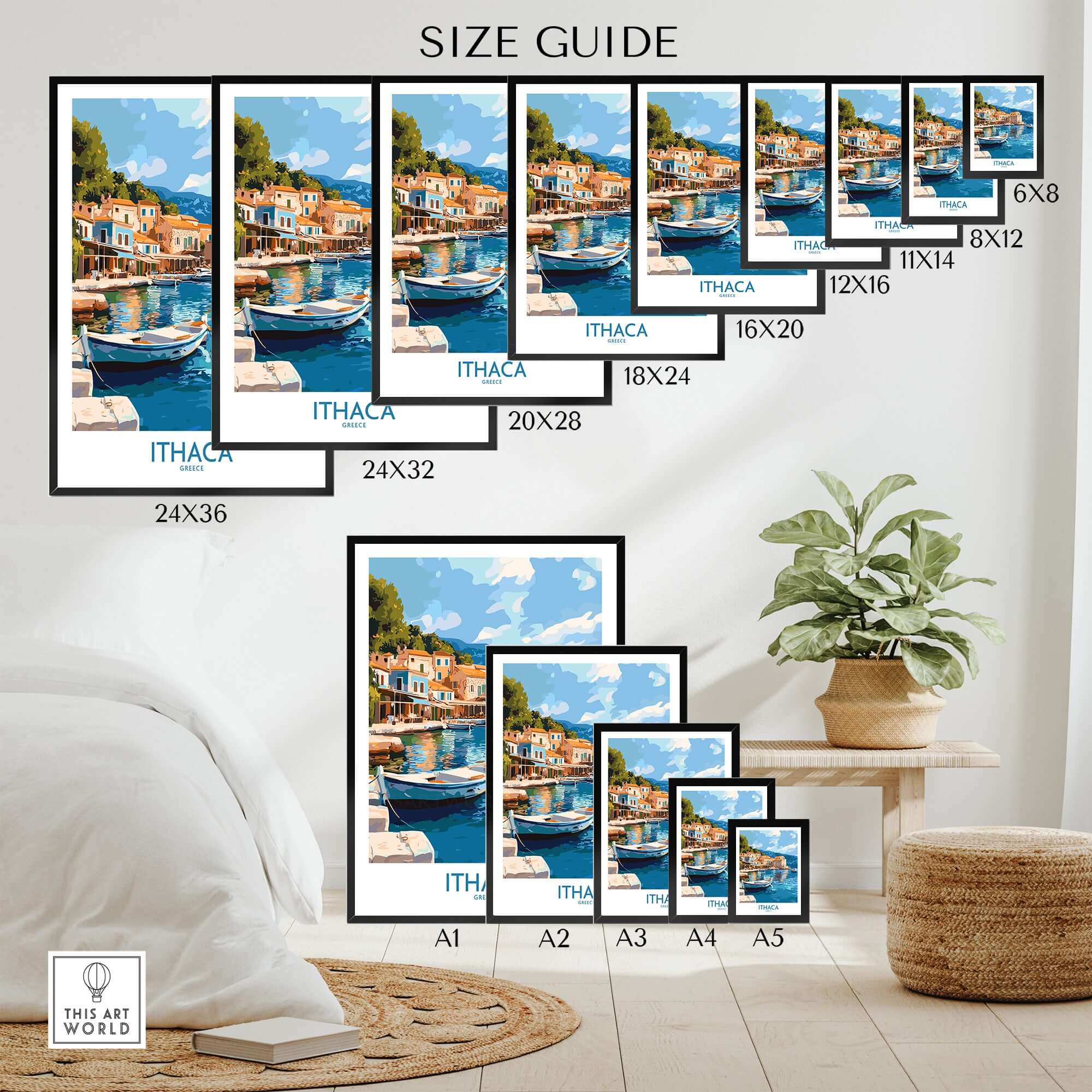Ithaca Greece Wall Art | Picturesque Mediterranean Harbor Print size guide with various frame options.