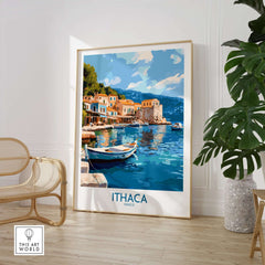 Ithaca Greece Wall Art | Picturesque Mediterranean Harbor Print depicting a tranquil harbor with colorful boats.