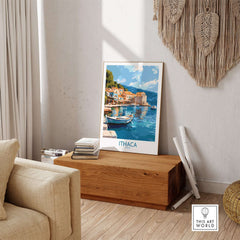 Ithaca Greece Wall Art | Picturesque Mediterranean Harbor Print displayed in a cozy living room setting.