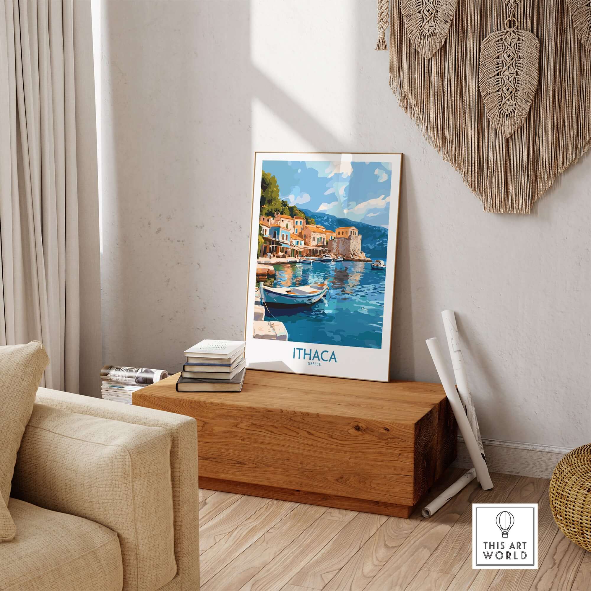 Ithaca Greece Wall Art | Picturesque Mediterranean Harbor Print displayed in a cozy living room setting.