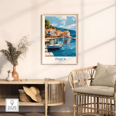 Ithaca Greece Wall Art | Picturesque Mediterranean Harbor Print showcasing a tranquil harbor with boats and traditional architecture.