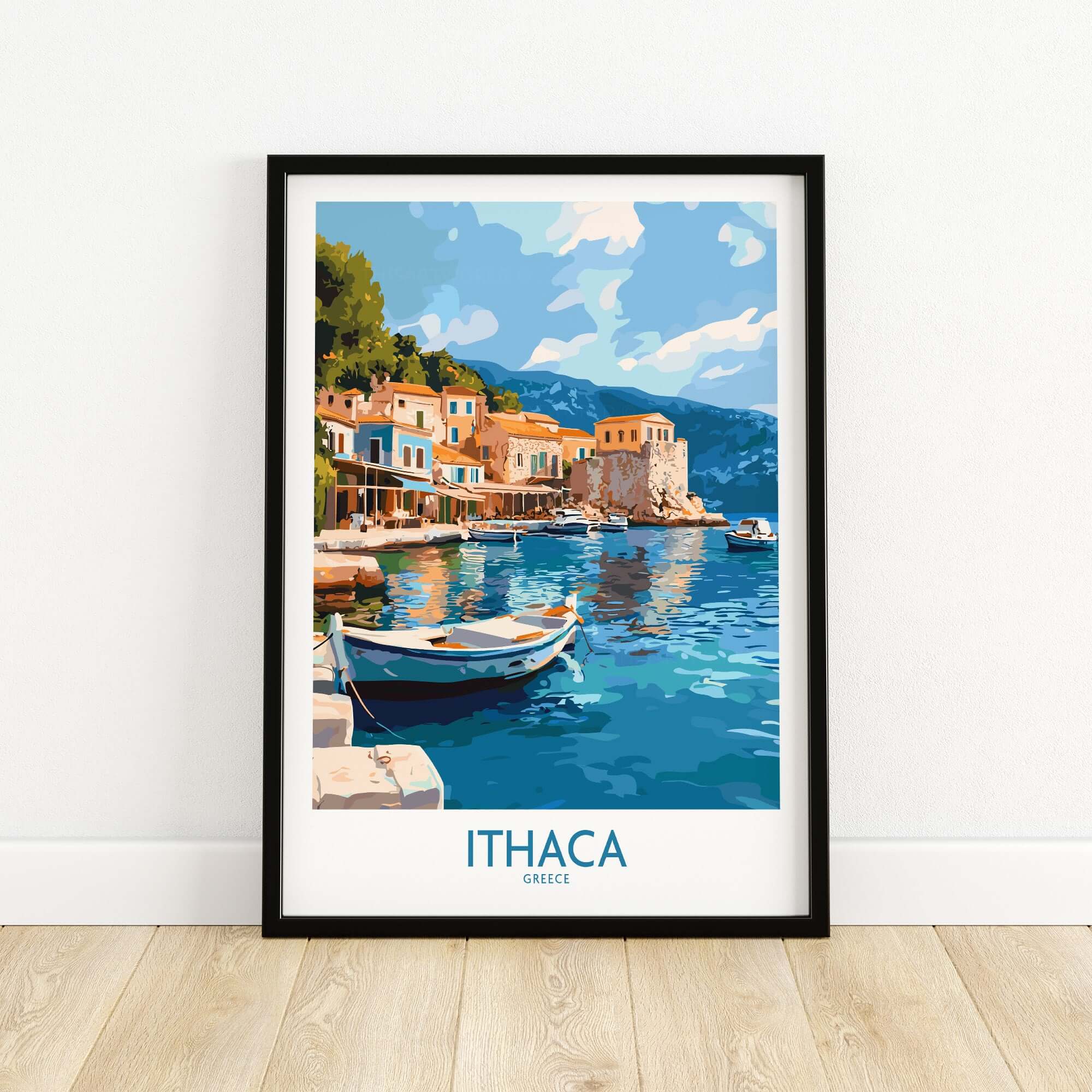 Ithaca Greece Wall Art | Picturesque Mediterranean Harbor Print showcasing a tranquil harbor with boats and unique architecture.