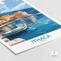 Ithaca Greece Wall Art | Picturesque Mediterranean Harbor Print showcasing tranquil harbor and boats.