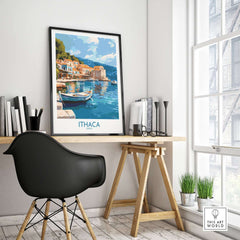 Ithaca Greece Wall Art | Picturesque Mediterranean Harbor Print displayed in a stylish home office setting.