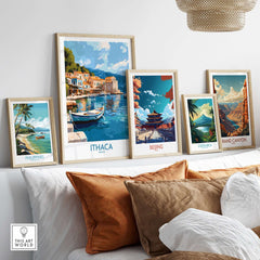 Ithaca Greece Wall Art | Picturesque Mediterranean Harbor Print displayed among other travel-inspired art pieces.