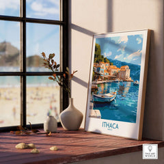 Ithaca Greece Wall Art | Picturesque Mediterranean Harbor Print displayed on a windowsill with a view.