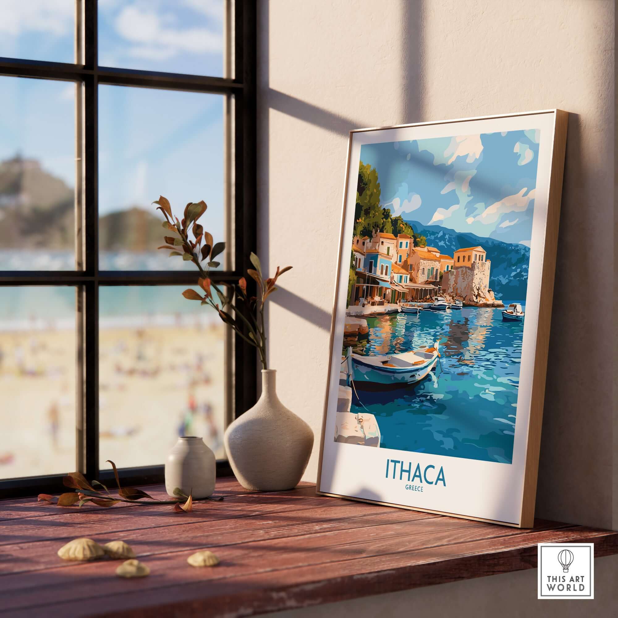 Ithaca Greece Wall Art | Picturesque Mediterranean Harbor Print displayed on a windowsill with a view.