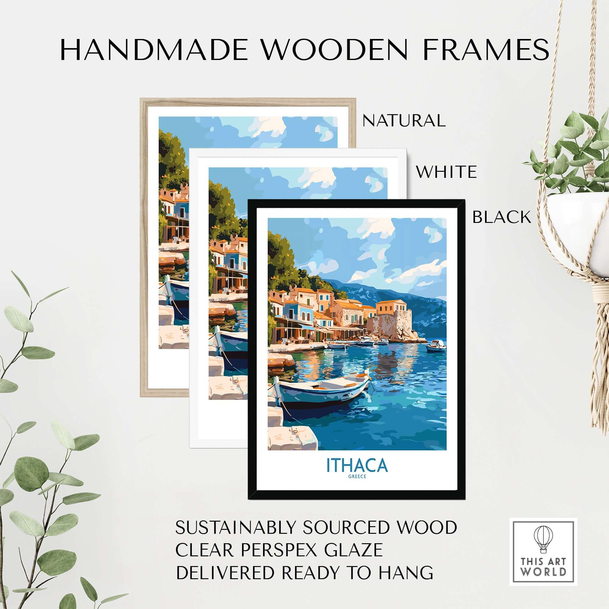 Ithaca Greece Wall Art | Picturesque Mediterranean Harbor Print in handmade wooden frames