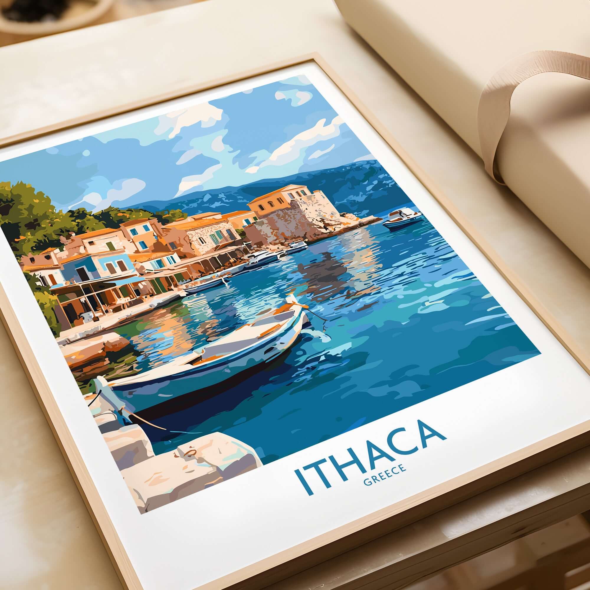 Ithaca Greece Wall Art | Picturesque Mediterranean Harbor Print displayed with vibrant colors and a serene waterfront scene.