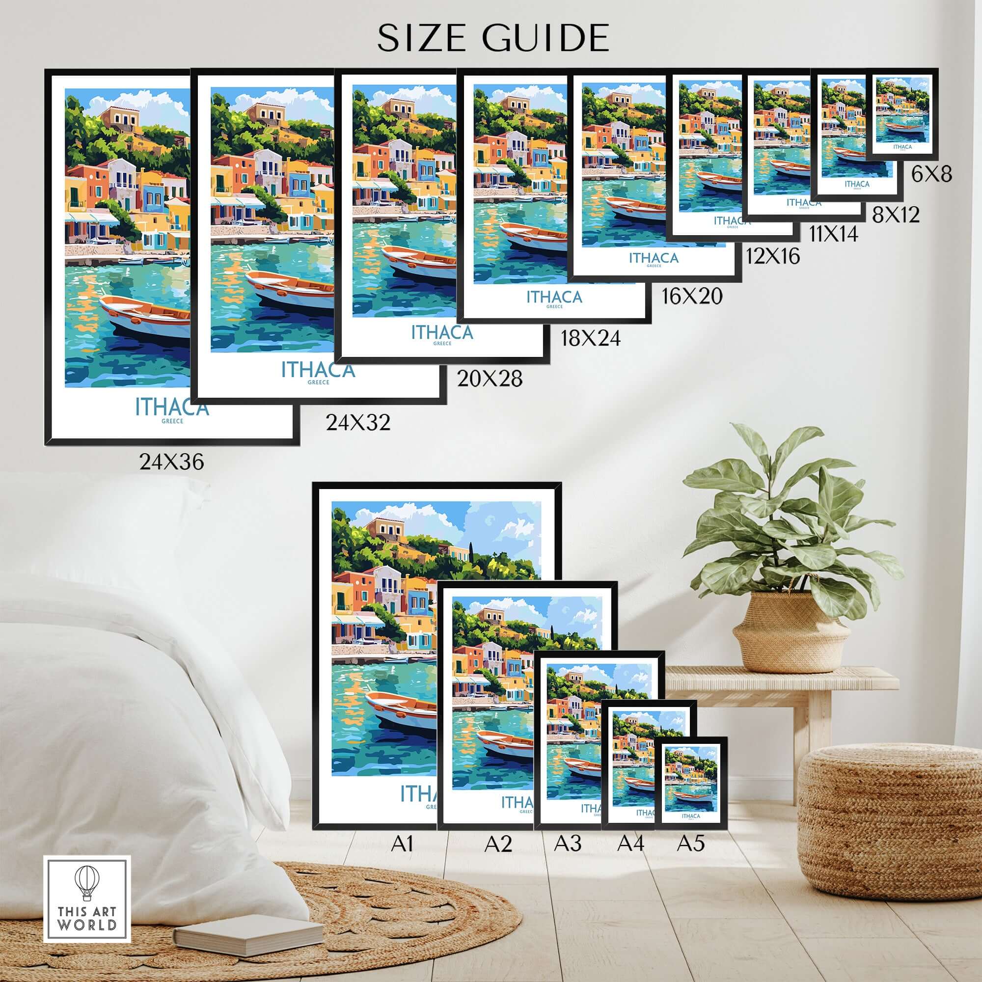 Ithaca Harbour Poster | Greece Village Scene Wall Art Print size guide showcasing available print sizes and frame styles.