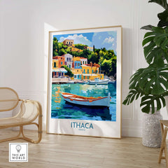 Ithaca Harbour Poster | Greece Village Scene Wall Art Print showcasing colorful buildings and a fishing boat.