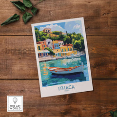 Ithaca Harbour Poster | Greece Village Scene Wall Art Print featuring a traditional boat and colorful buildings by the water.