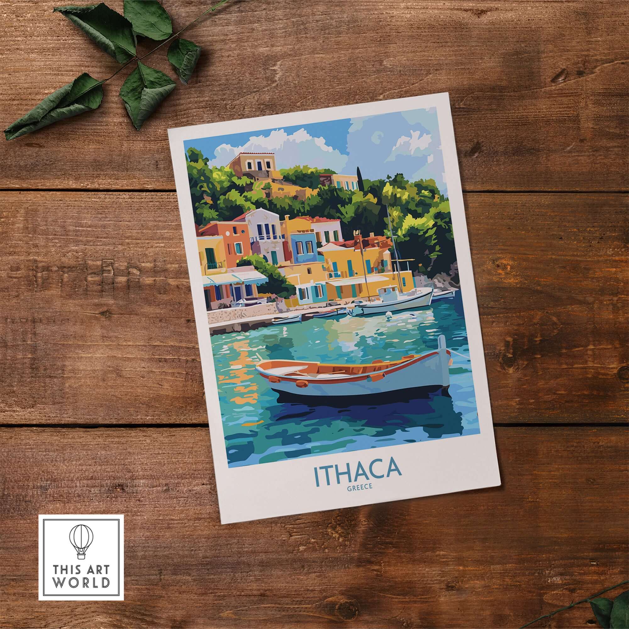 Ithaca Harbour Poster | Greece Village Scene Wall Art Print featuring a traditional boat and colorful buildings by the water.