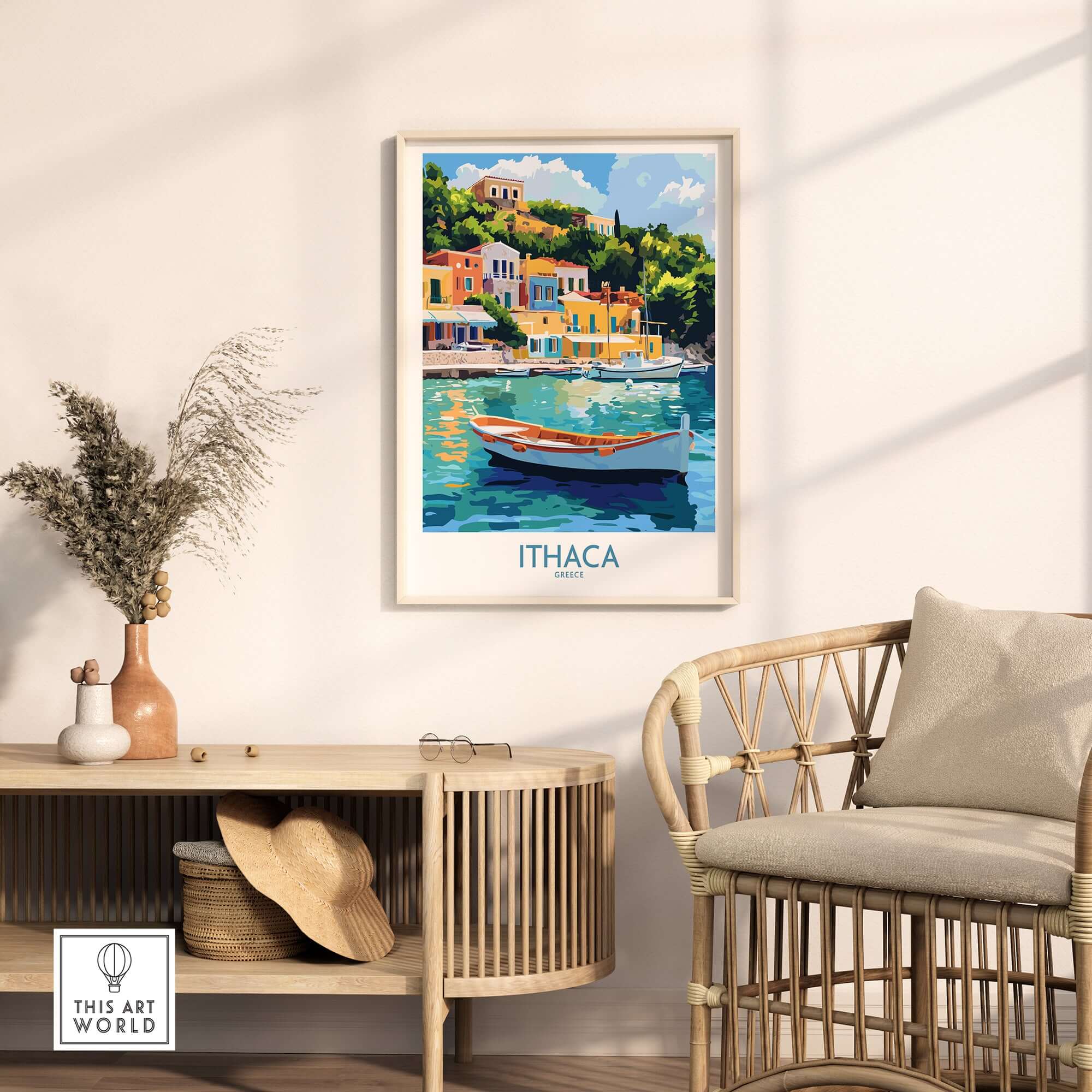 Ithaca Harbour Poster | Greece Village Scene Wall Art Print featuring a fishing boat and colorful buildings.