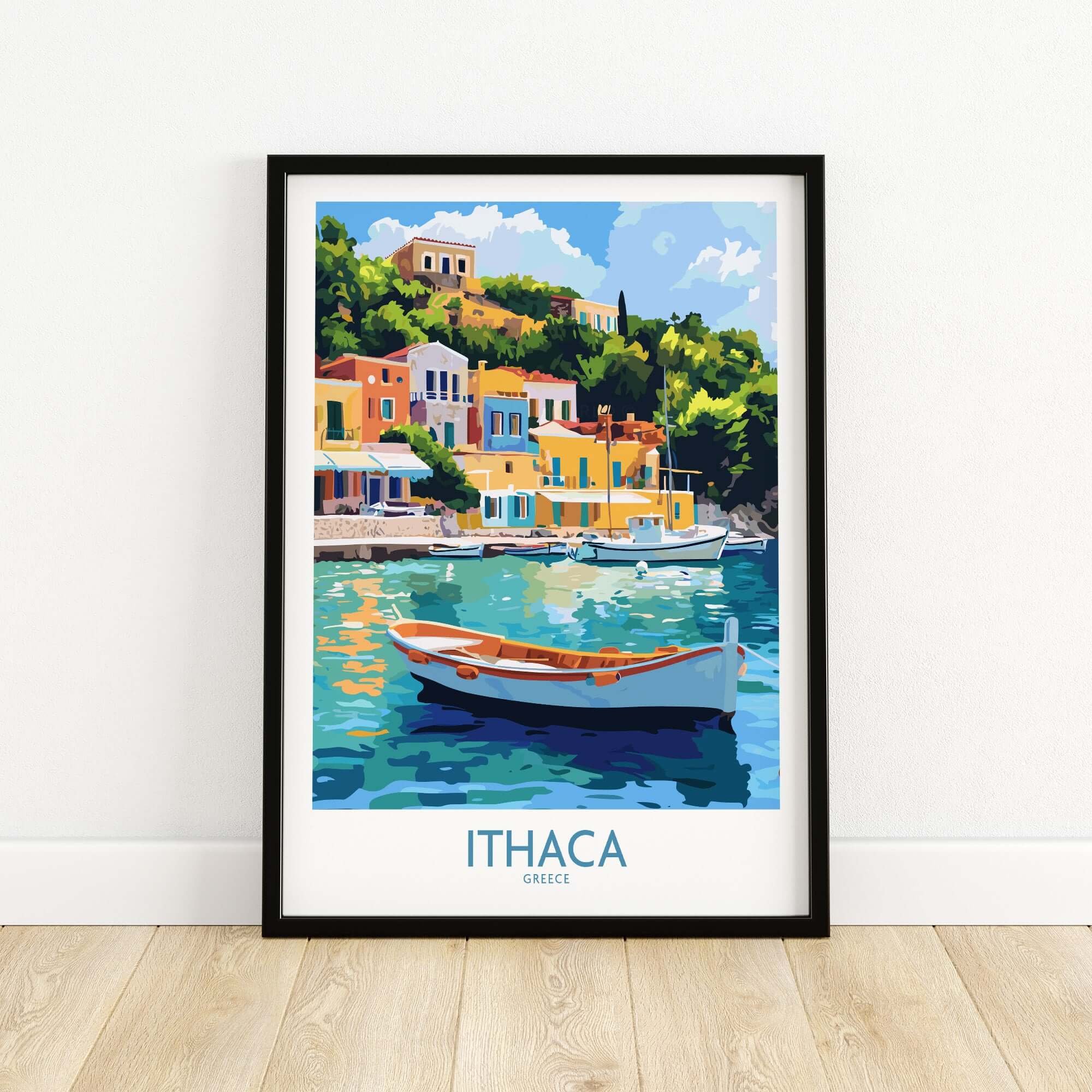 Ithaca Harbour Poster | Greece Village Scene Wall Art Print showing a traditional boat and colorful hillside buildings.