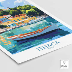Ithaca Harbour Poster | Greece Village Scene Wall Art Print featuring a fishing boat and colorful hillside buildings.