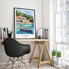 Ithaca Harbour Poster | Greece Village Scene Wall Art Print displayed in a stylish home office setting.