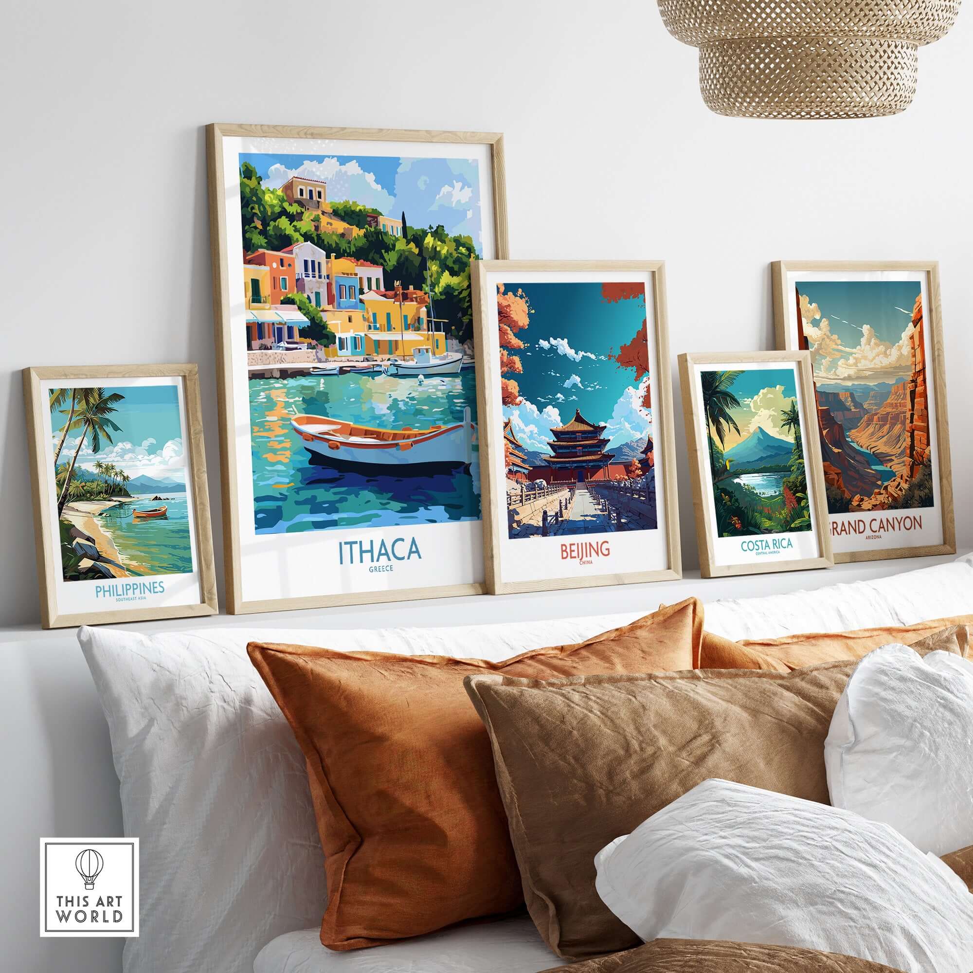 Ithaca Harbour Poster | Greece Village Scene Wall Art Print displayed among other travel-themed art prints.