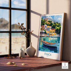 Ithaca Harbour Poster | Greece Village Scene Wall Art Print displayed in a cozy room with a view of the beach.