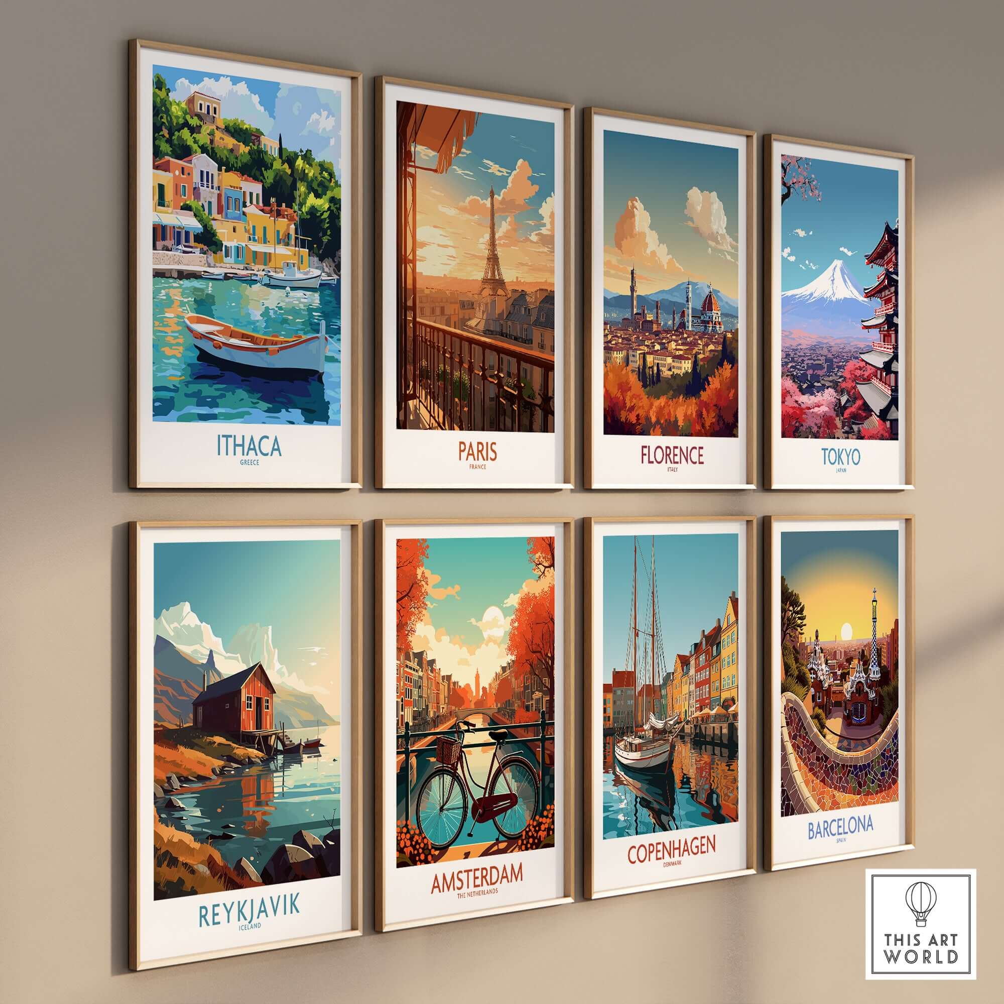 Ithaca Harbour Poster | Greece Village Scene Wall Art Print displayed among various cityscape art prints on a wall.