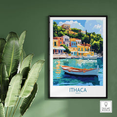 Ithaca Harbour Poster | Greece Village Scene Wall Art Print featuring a fishing boat and colorful buildings.