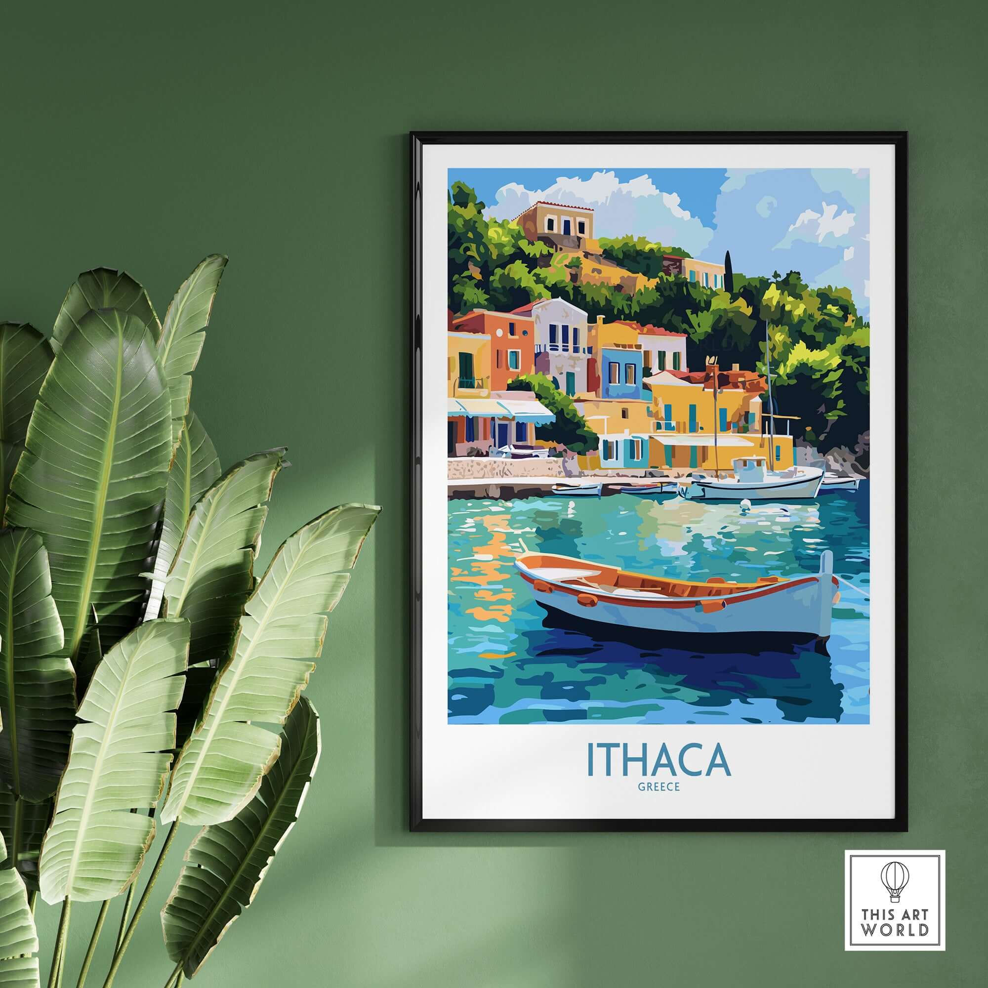 Ithaca Harbour Poster | Greece Village Scene Wall Art Print featuring a fishing boat and colorful buildings.