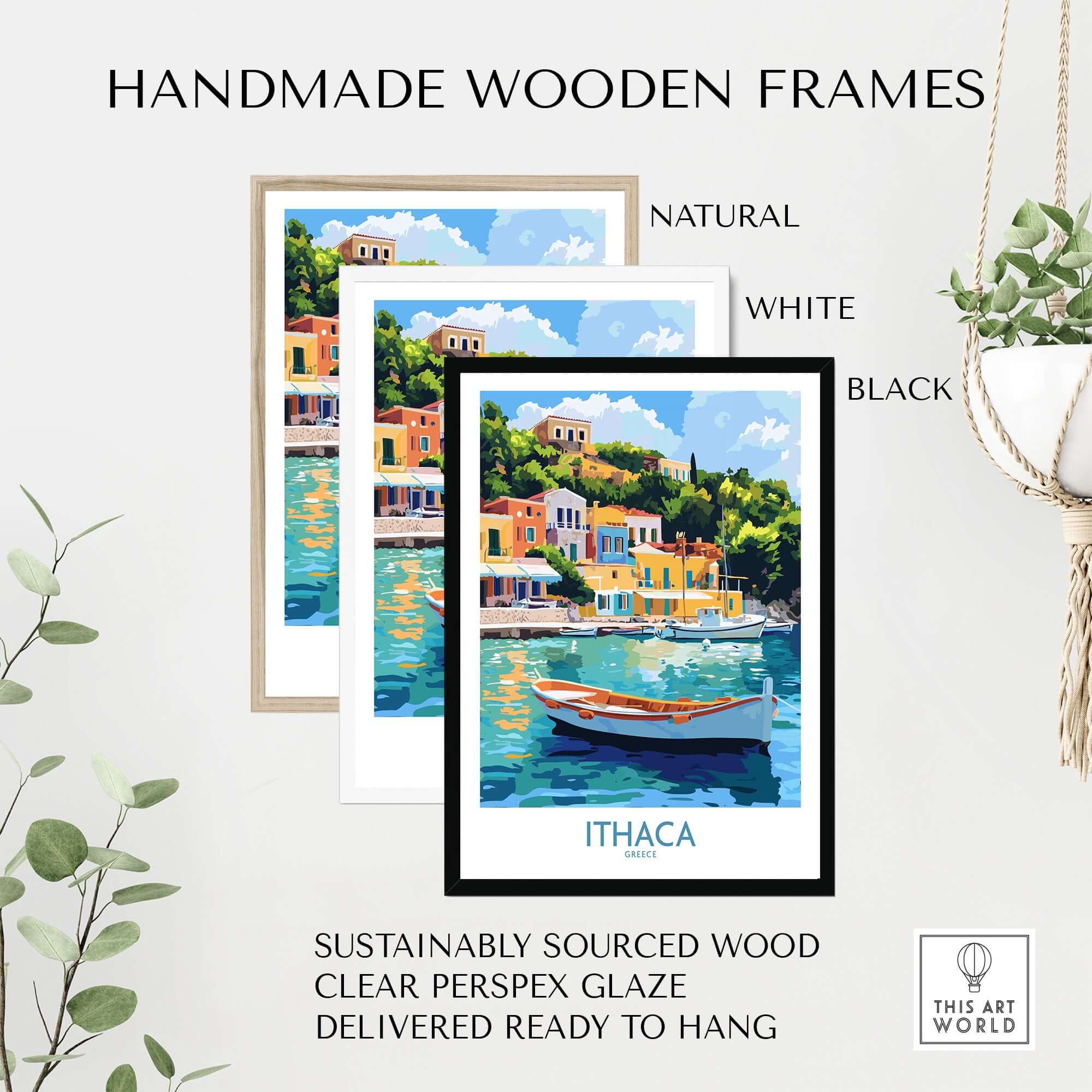 Ithaca Harbour Poster | Greece Village Scene Wall Art Print displayed in handmade wooden frames in natural, white, and black.
