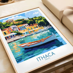 Ithaca Harbour Poster | Greece Village Scene Wall Art Print depicting a colorful village with a fishing boat on water.