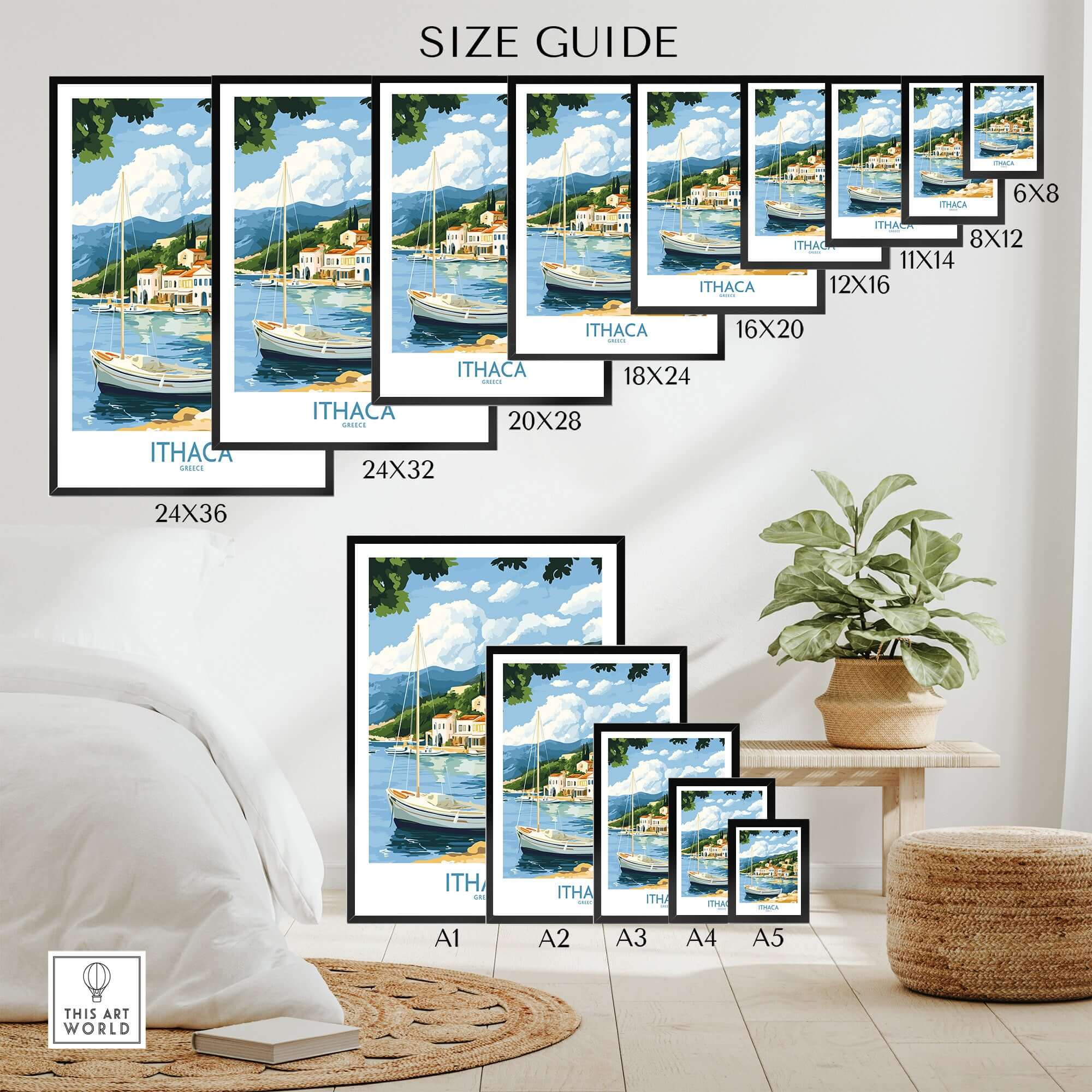 Ithaca Landscape Wall Art | Greece Travel Poster with Fishing Boat size guide showcasing various print dimensions.