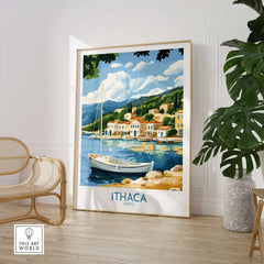 Ithaca Landscape Wall Art | Greece Travel Poster with Fishing Boat in modern living room setting.