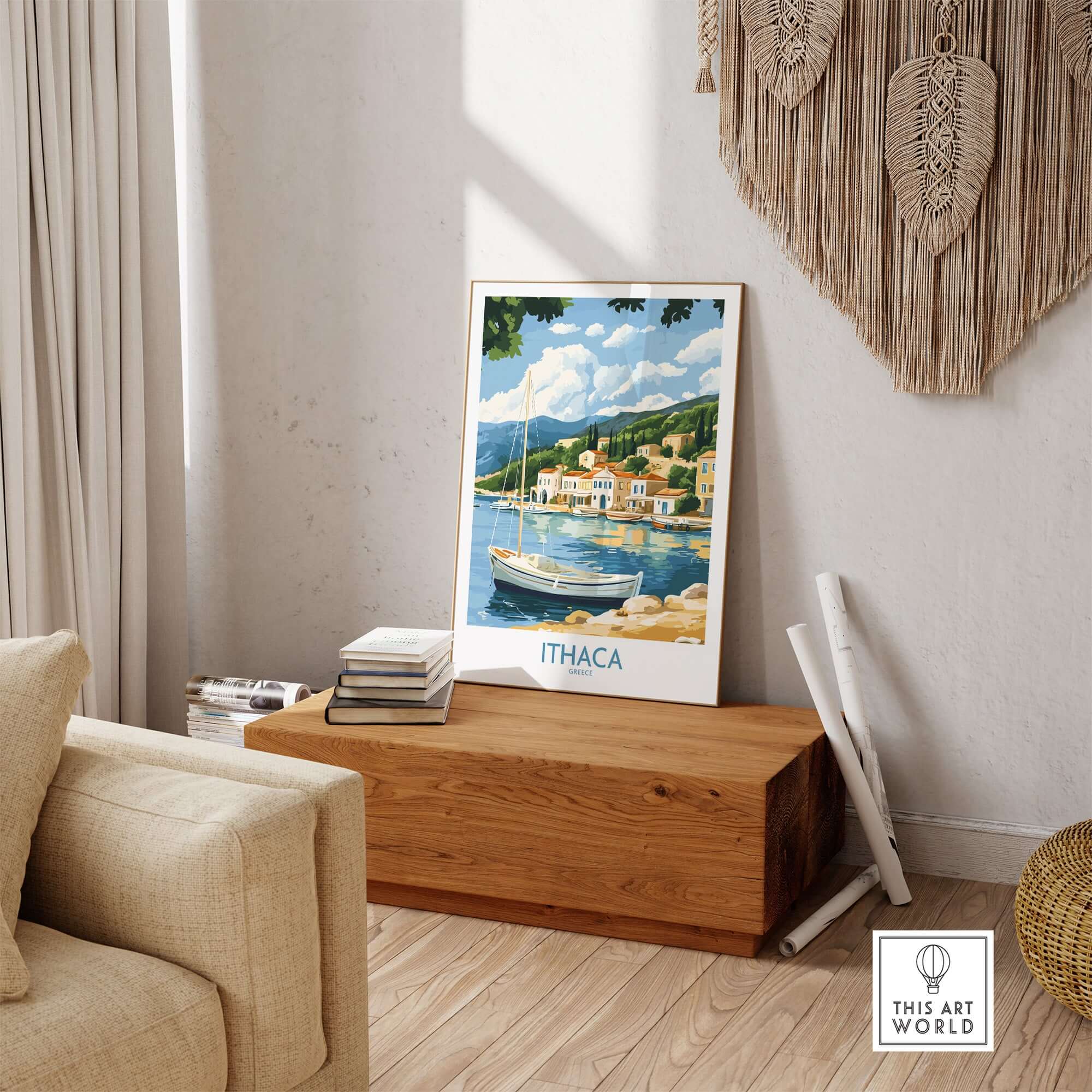 Ithaca Landscape Wall Art | Greece Travel Poster with Fishing Boat displayed in a cozy living room setting.