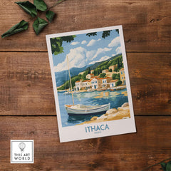 Ithaca Landscape Wall Art | Greece Travel Poster with Fishing Boat displayed on wooden surface.