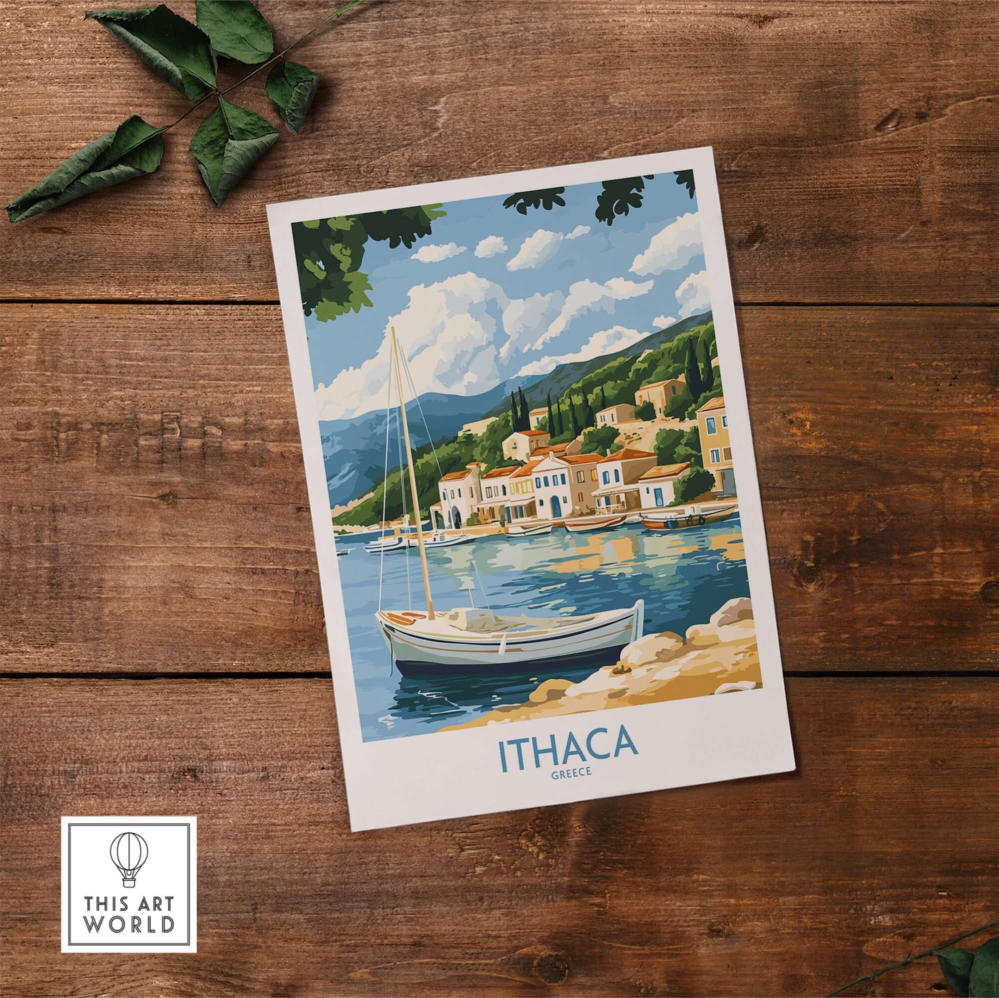 Ithaca Landscape Wall Art | Greece Travel Poster with Fishing Boat displayed on wooden surface.