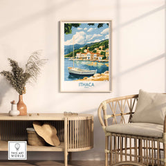 Ithaca Landscape Wall Art | Greece Travel Poster with Fishing Boat displayed in modern interior setting.