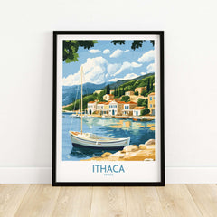 Ithaca Landscape Wall Art | Greece Travel Poster with Fishing Boat, showcasing a serene scene of Ithaca's waterfront.