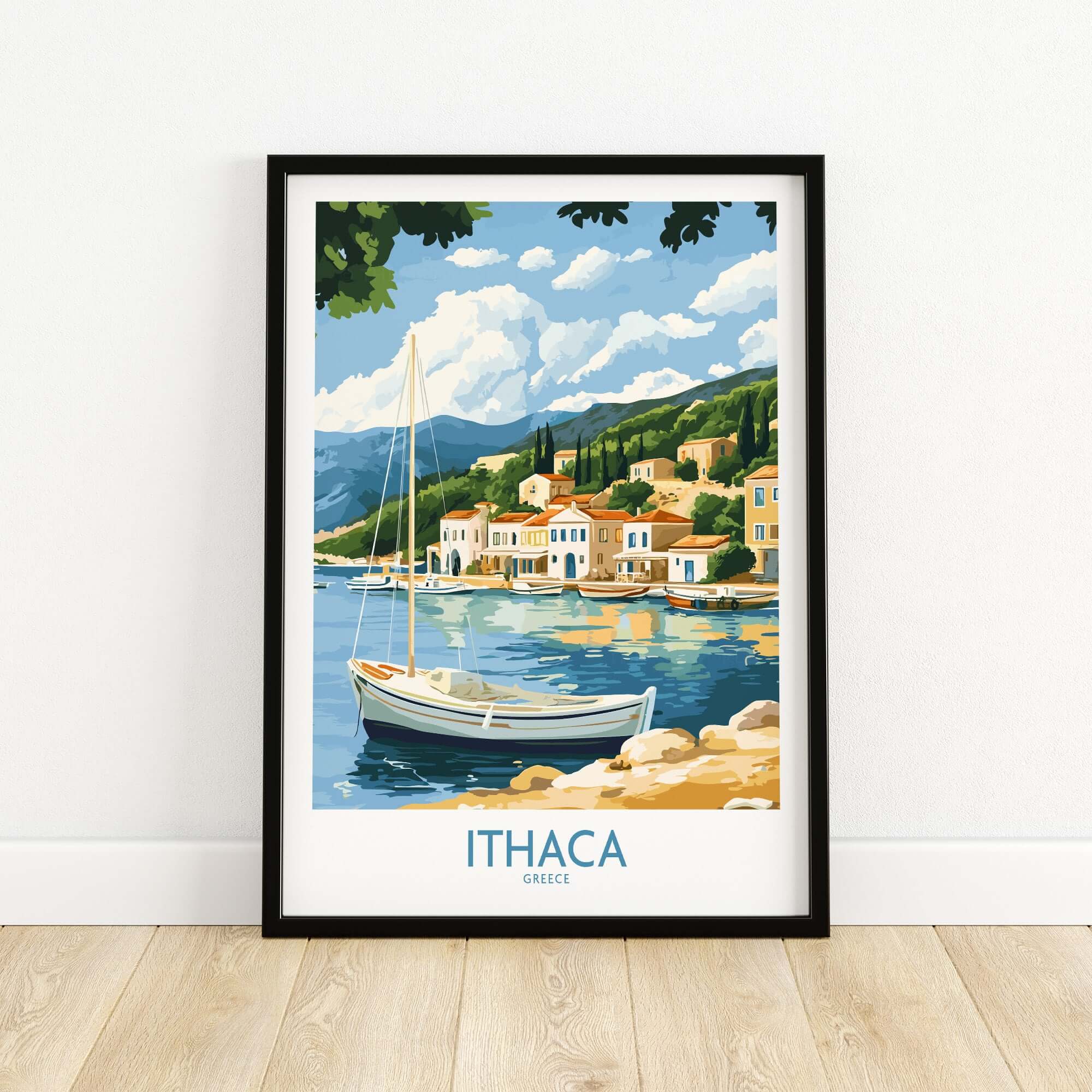 Ithaca Landscape Wall Art | Greece Travel Poster with Fishing Boat, showcasing a serene scene of Ithaca's waterfront.