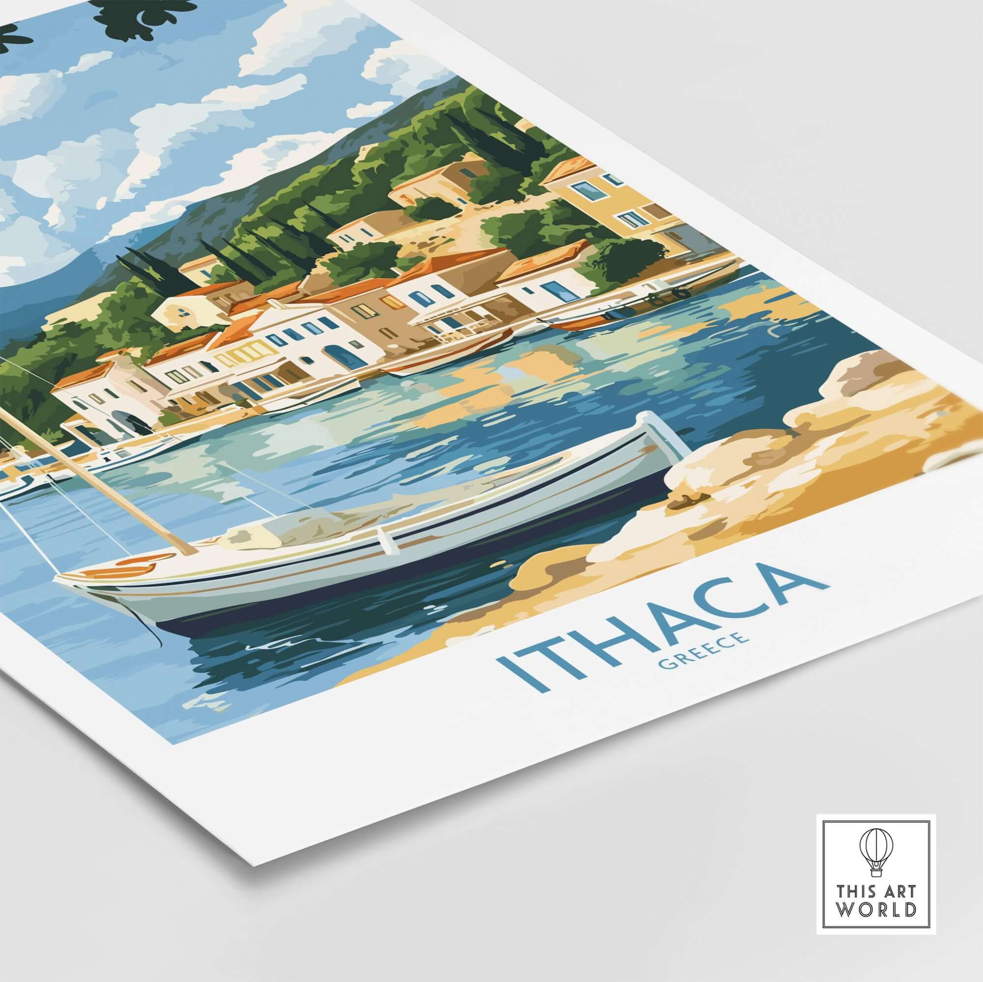 Ithaca Landscape Wall Art | Greece Travel Poster with Fishing Boat featuring a serene waterfront scene.