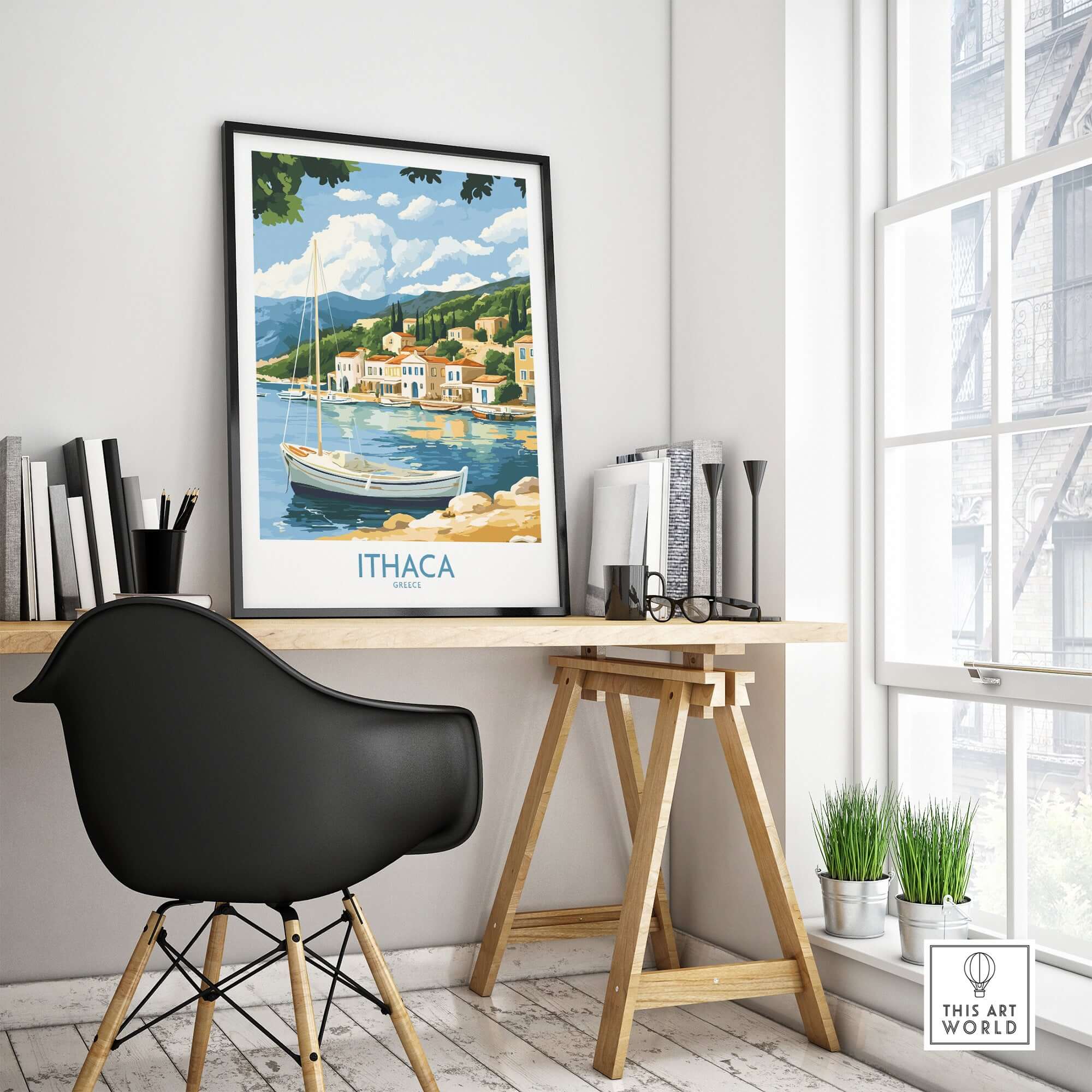 Ithaca Landscape Wall Art | Greece Travel Poster with Fishing Boat displayed in a modern office setting.
