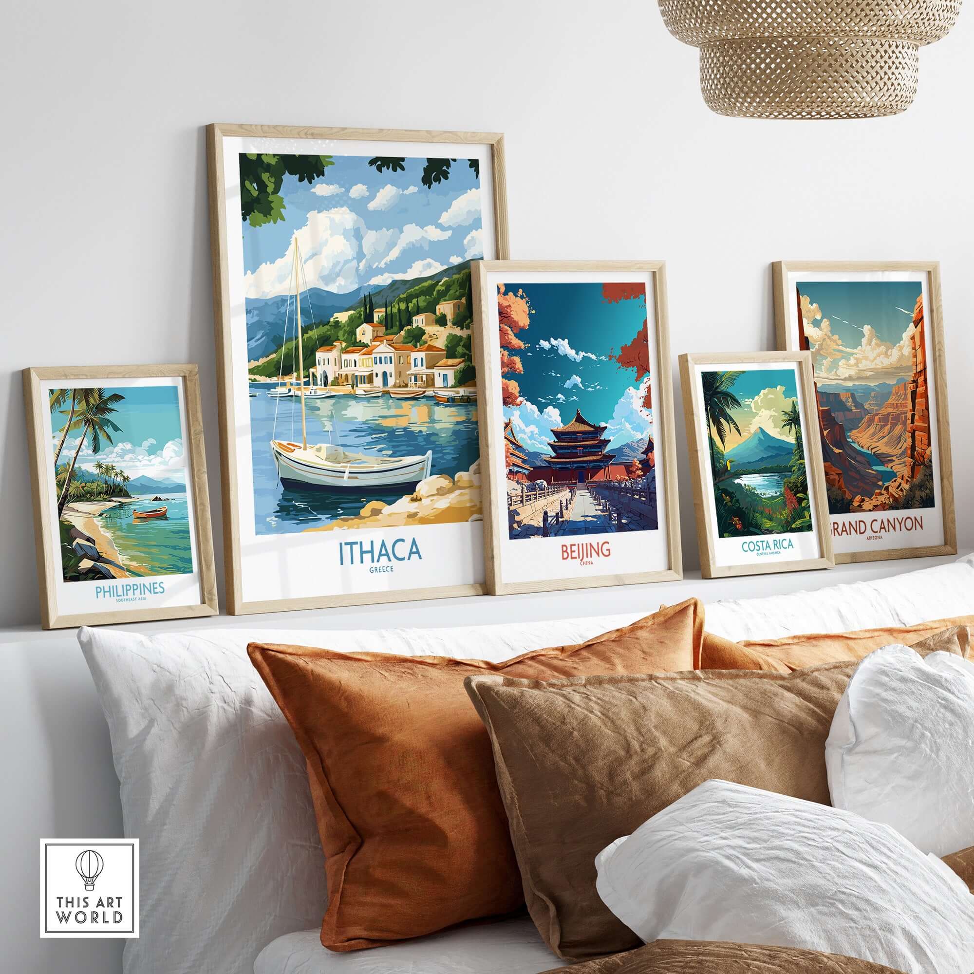 Ithaca Landscape Wall Art | Greece Travel Poster with Fishing Boat displayed in a stylish interior setting.