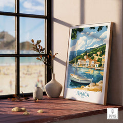 Ithaca Landscape Wall Art | Greece Travel Poster with Fishing Boat displayed in a cozy interior setting.