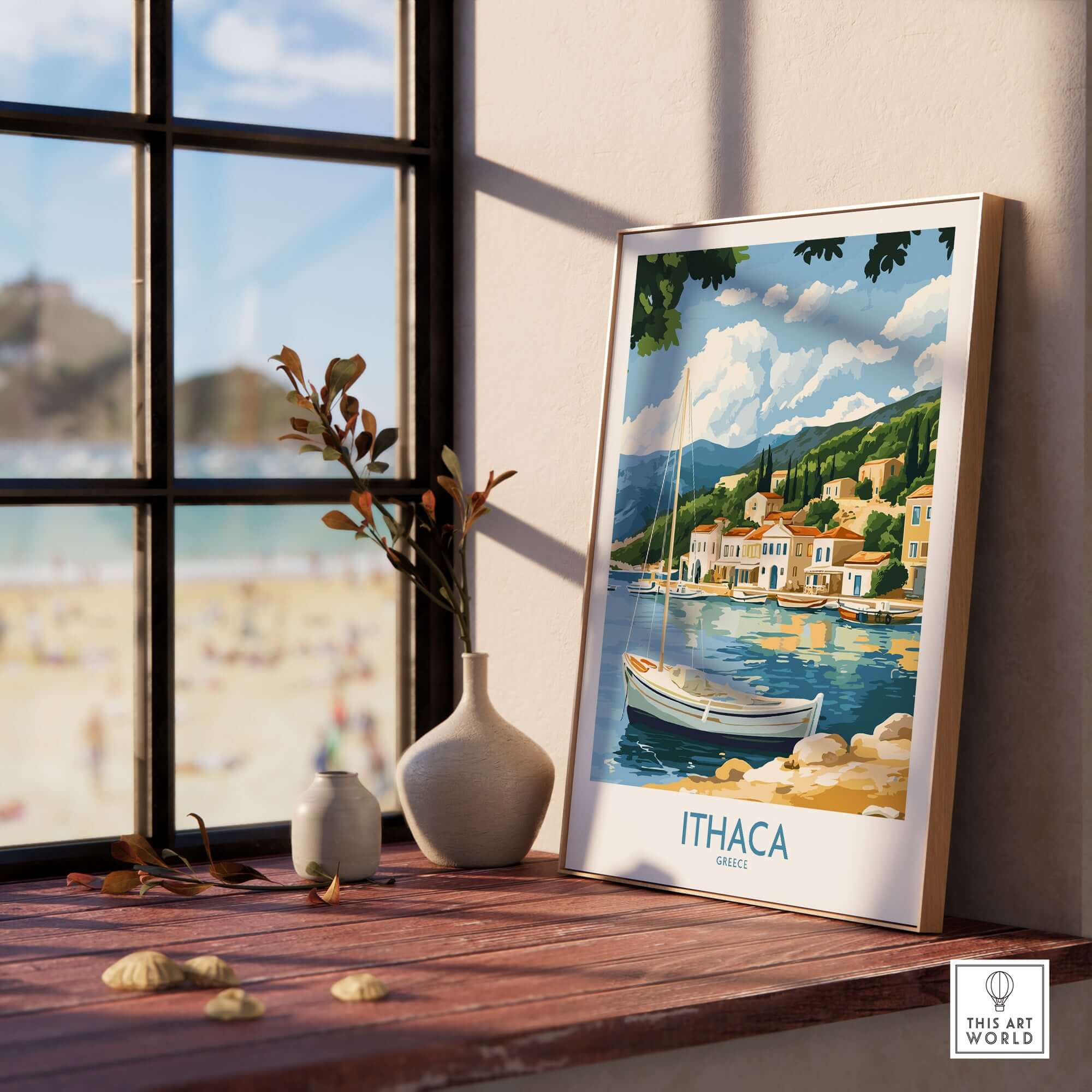 Ithaca Landscape Wall Art | Greece Travel Poster with Fishing Boat displayed in a cozy interior setting.