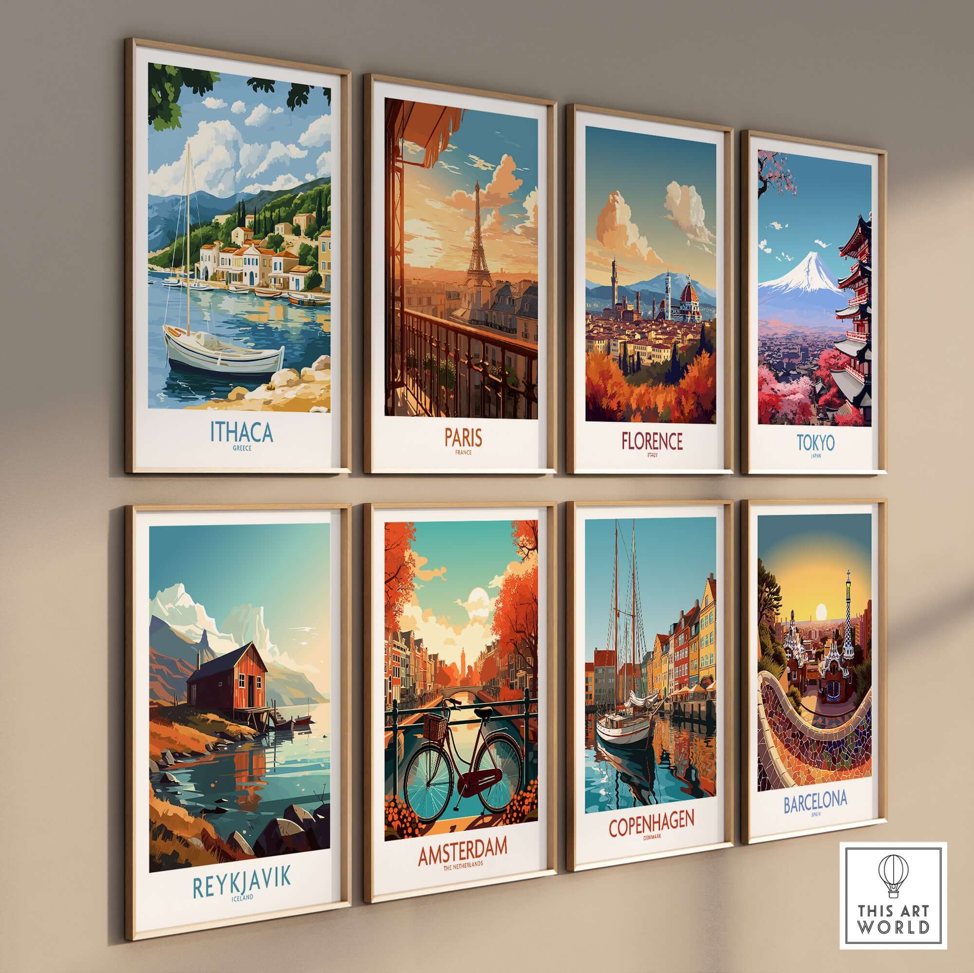 Ithaca Landscape Wall Art | Greece Travel Poster with Fishing Boat showcasing Ithaca's beauty among other iconic cities.